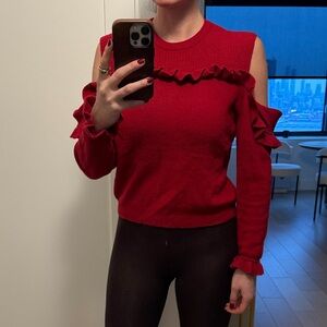The Kooples Red Off-the-Shoulder Ruffle Sweater